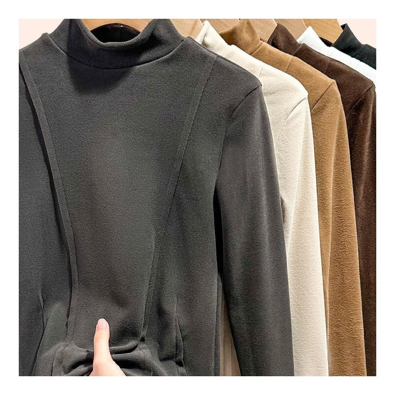 Solid Color Half High Collar Velvet Long Sleeve Top