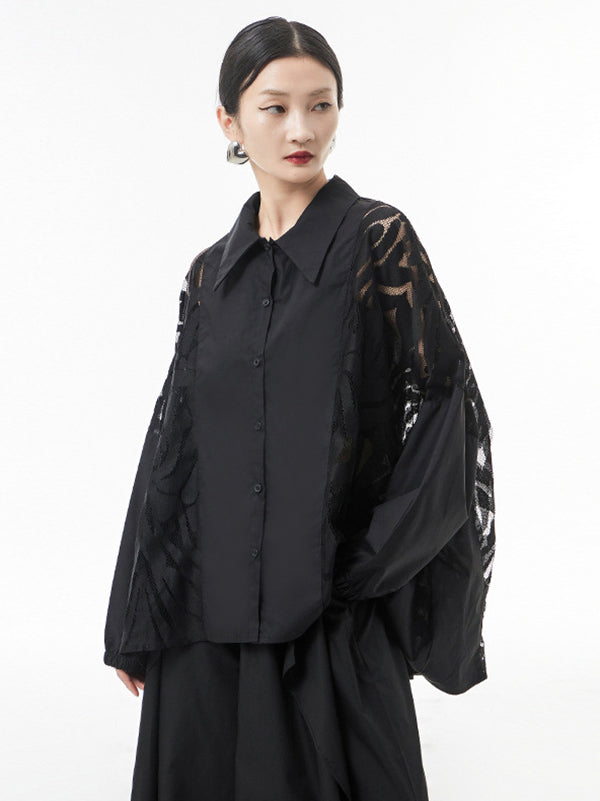 Urban See-Through Lace Split-Joint Lapel Blouse