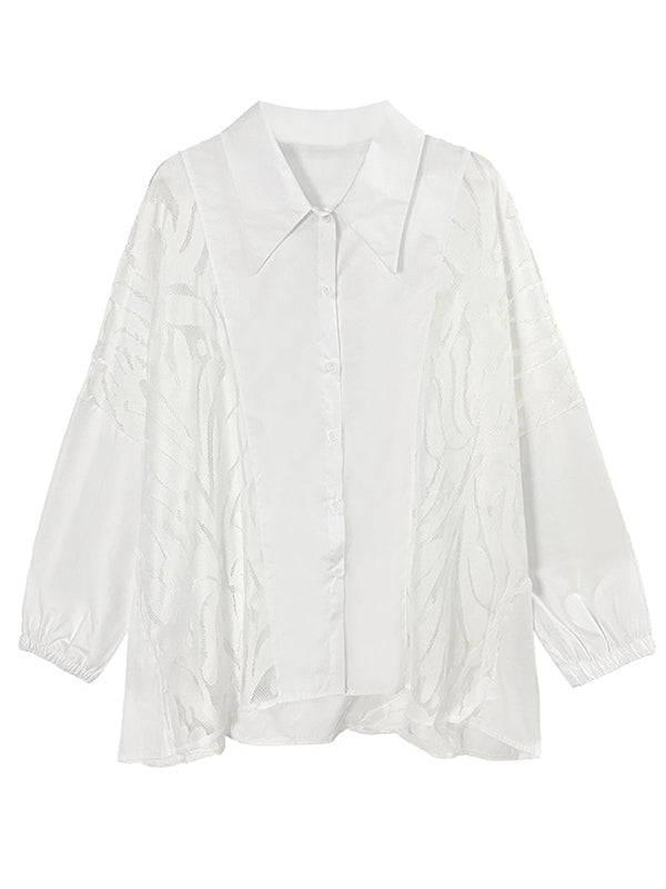 Urban See-Through Lace Split-Joint Lapel Blouse