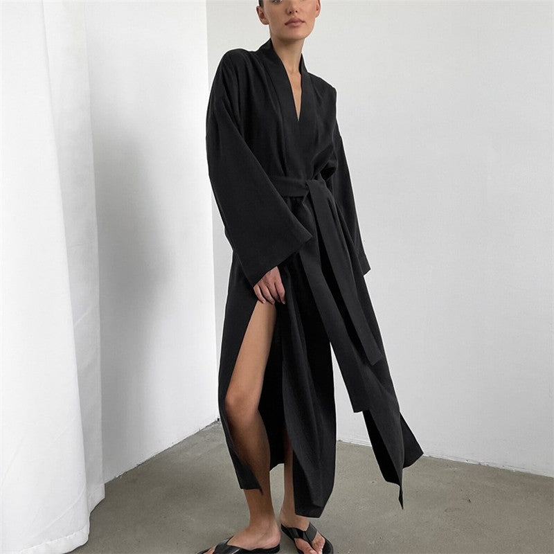 Long Sleeve Solid Color Night Gown with Waist Tie and Slit