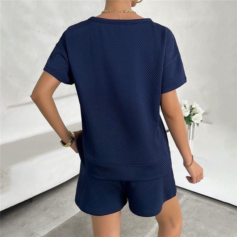Knit Casual Round Neck Top and Shorts Ensemble