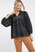 Crinkle Brocade Long Sleeve Blouse