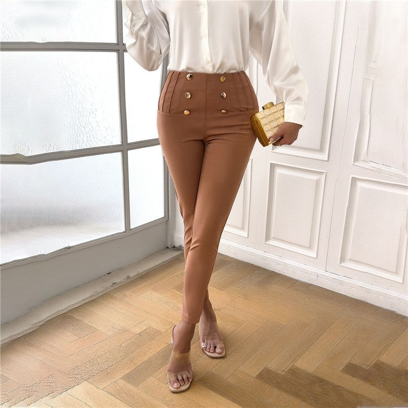 Mid-Rise Solid Color Slim Fit Pencil Trousers