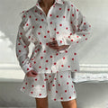 Heart Print Long Sleeve Lapel Single Breasted Top and Shorts Set - Cute Loungewear