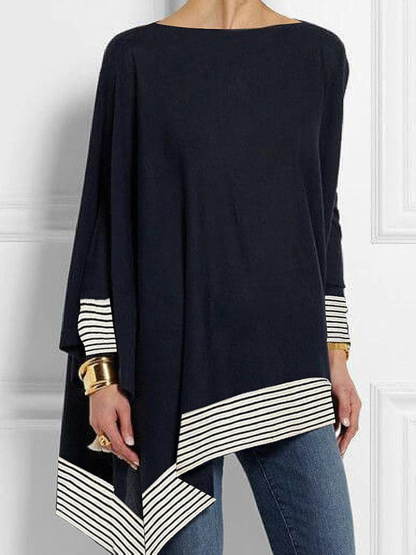 Striped Round Neck T-Shirt with Batwing Sleeves and Split-Joint Design