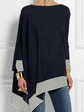 Striped Round Neck T-Shirt with Batwing Sleeves and Split-Joint Design