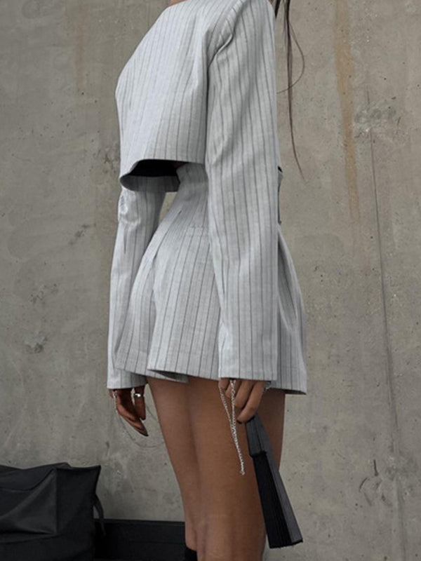 Long Sleeves Knot Split-Joint Striped Deep V-Neck Blouse + High Waisted Pleated Wide Leg Shorts Two Pieces Set