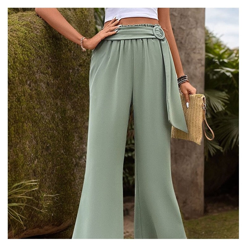 Green Linen Wide-Leg Pants with Adjustable Belt