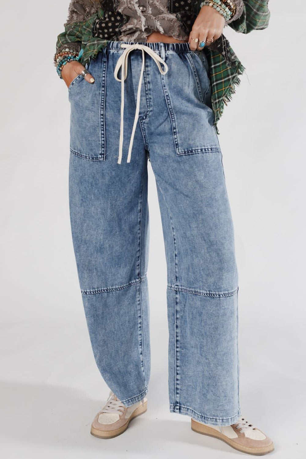 Acid Wash Exposed Seam Drawstring Elastic Waistband Jeans