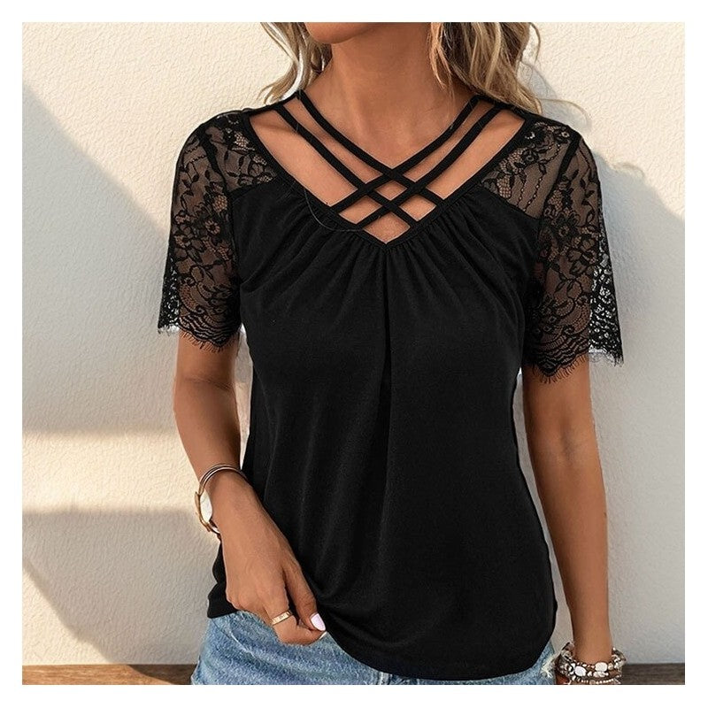 V-Neck Lace Patchwork Casual Short Sleeve Top