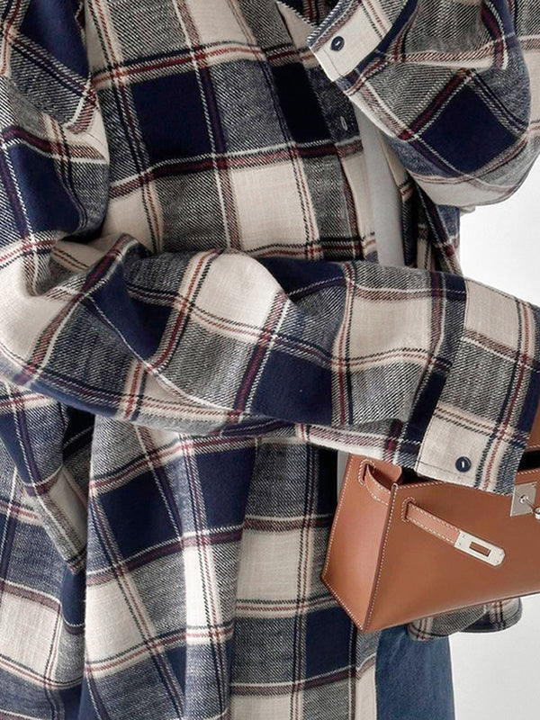 Long Sleeves Loose Plaid Split-Joint Lapel Blouses&Shirts Tops