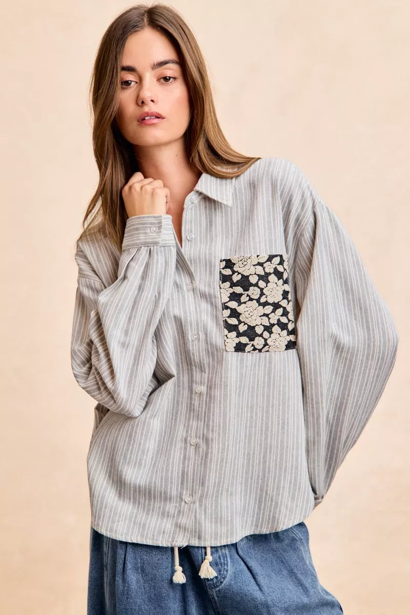 Flower Jacquard Knit Patch Pocket Stripe Shirt