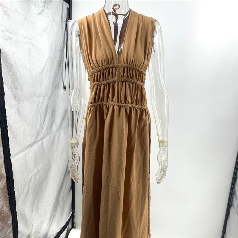 Sleeveless Hollow Out Braided Belt Maxi Dress with Slit