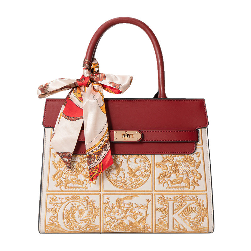 Embroidered Chinese-Style Crossbody Bag for Women - PU Leather Shoulder Bag with Zipper Closure