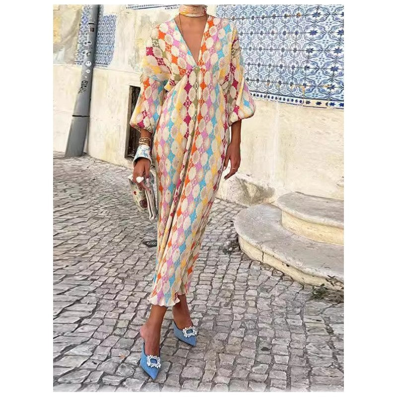 Retro Maxi Dress with Deep V-Neck and Long Sleeves
