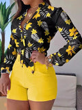 Long Sleeves Buttoned Flower Print Deep V-Neck Shirts Top +Belted Shorts Bottom Two Pieces Set