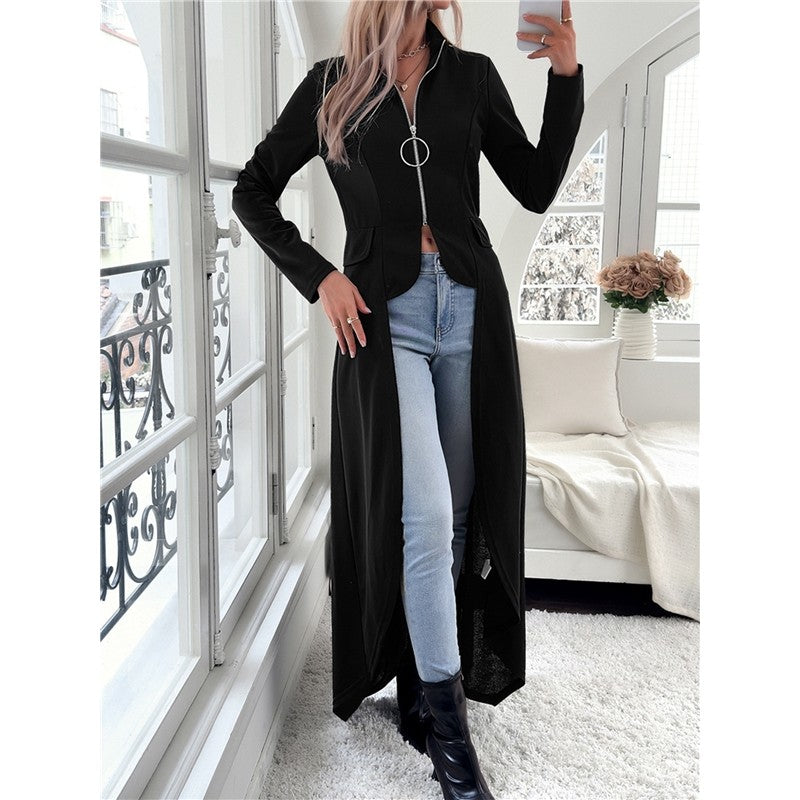 Solid Color Long Sleeve Half Turtleneck Zipper Irregular Outerwear