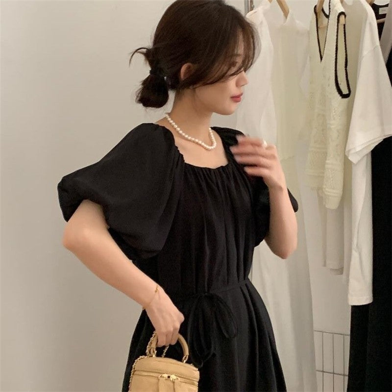 Solid Color Bubble Sleeve One-Shoulder Strap Pleated Dress