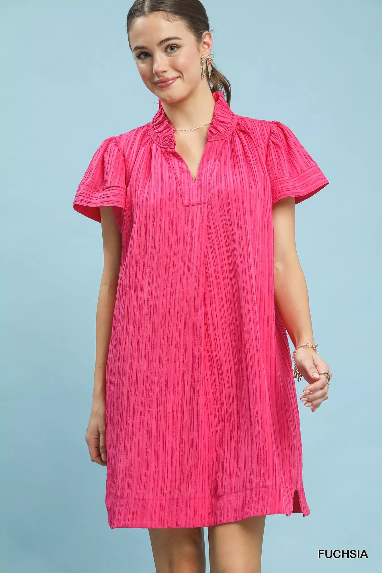 Flutter Sleeve V-Neck Shift Dress