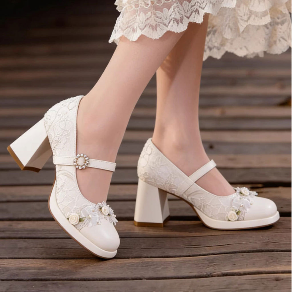 Women's Lace Mary Jane Platform Heels | Pearl Buckle Bridal Shoes