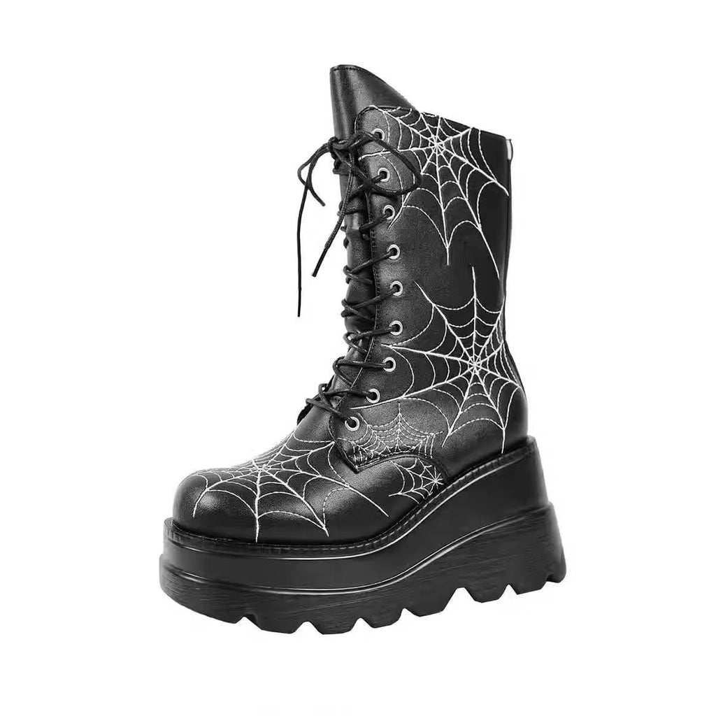 Women's Wedge-Heel Spiderweb Mid-Calf Boots | Plus Size | PU Leather | Side Zipper