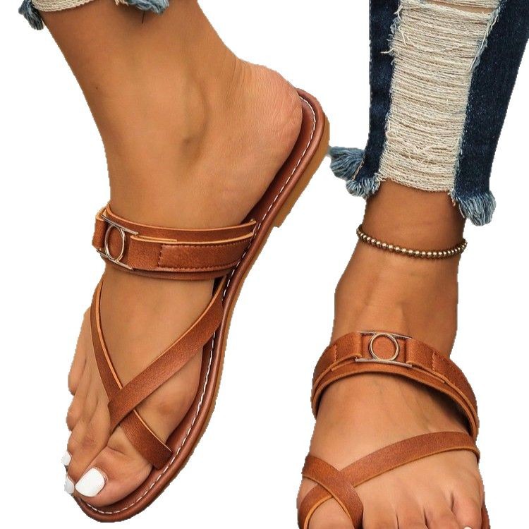 Women's Brown Flat Sandals | Round Toe Slip-On Casual Shoes | PU Leather Non-Slip