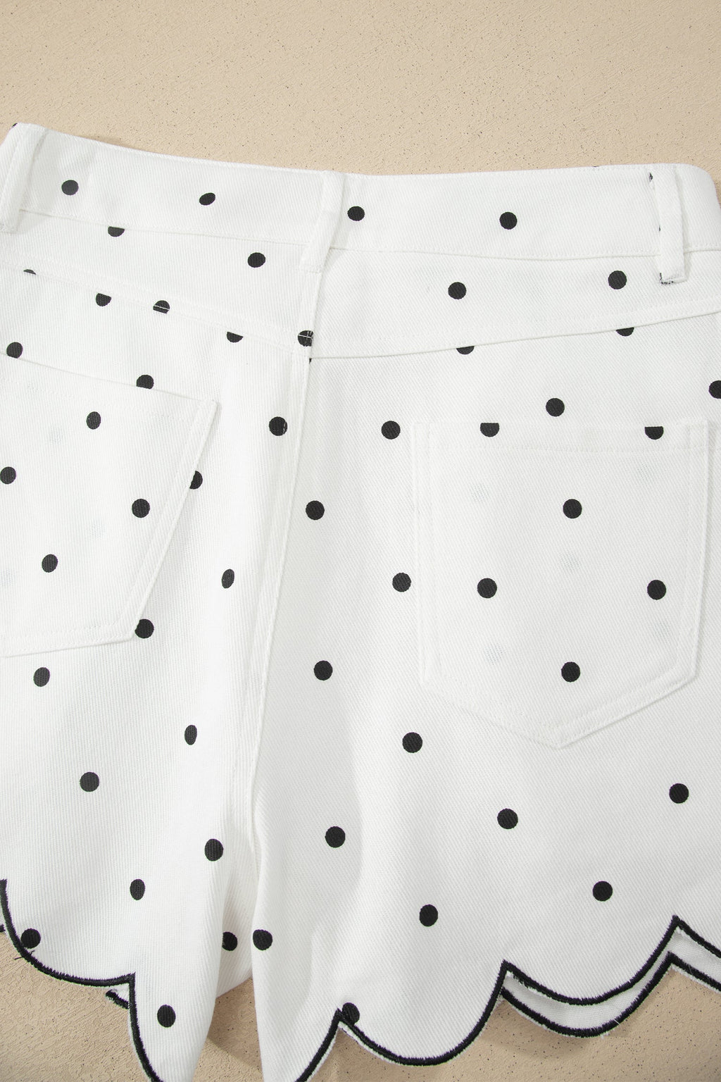 White Polka Dot Print Embroidered Scallop Hem Shorts