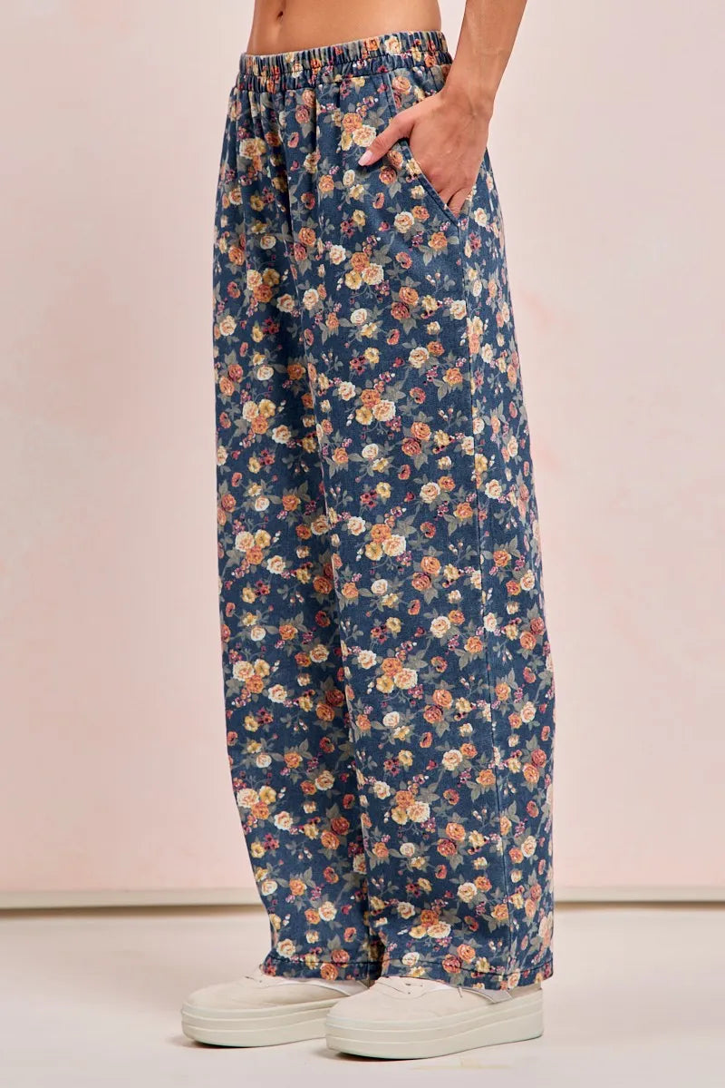 Washed Floral Print Wide Leg Jeans