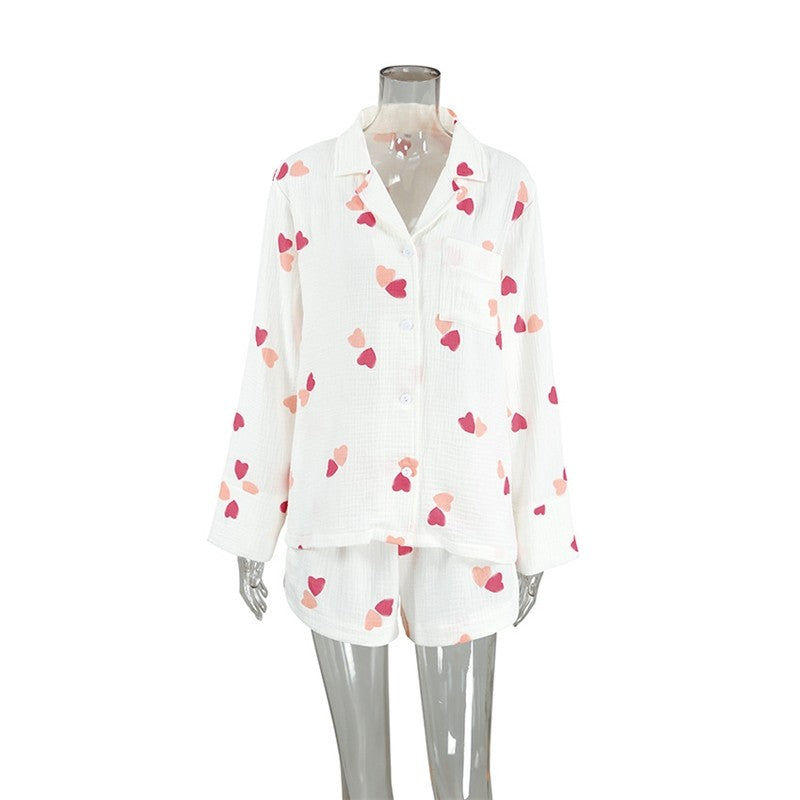 Heart Print Long Sleeve Shorts Pajama Set