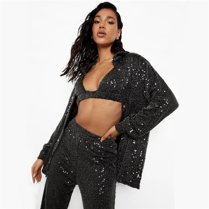 Solid Color Long Sleeve Lapel Single Breasted Glitter Blouse