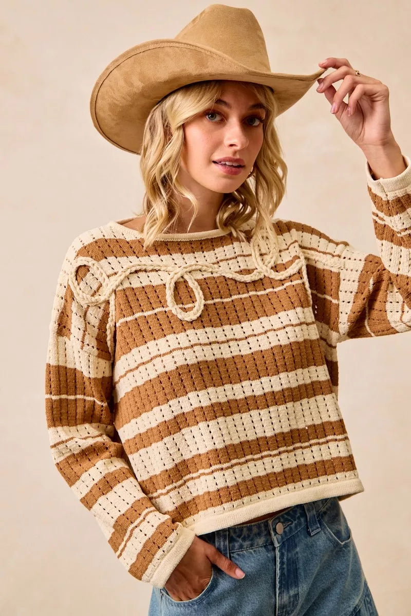 Striped Open Knit Sweater Top with Front Braided Detail