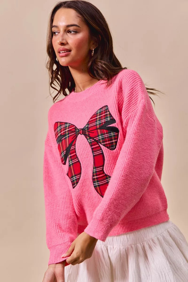 Checker Plaid Ribbon Christmas Holiday Sweater