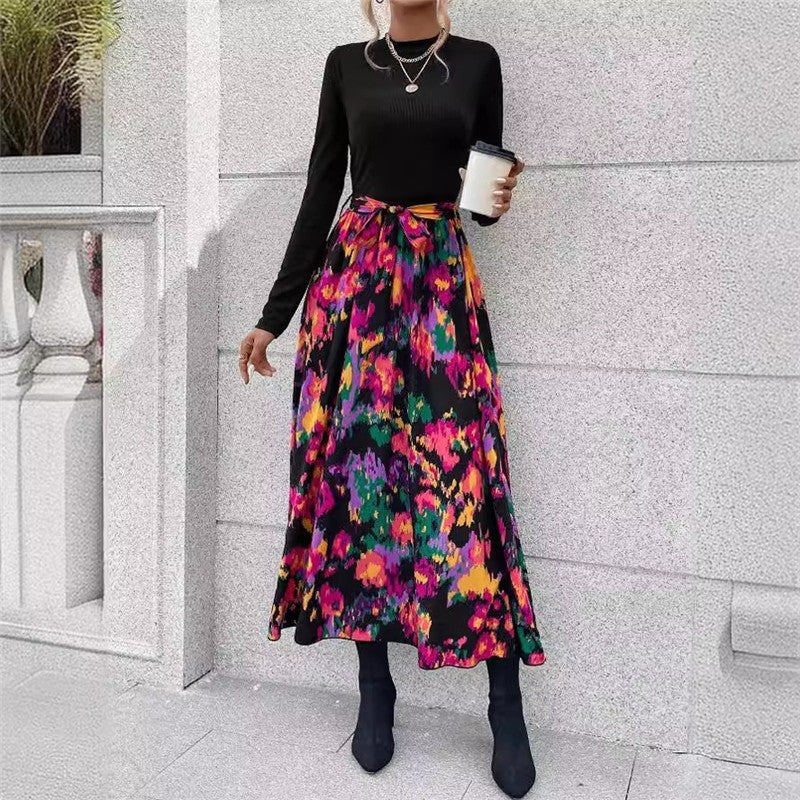 Long Sleeve Stand Collar Floral Printed Patchwork A-Line Tied Maxi Dress