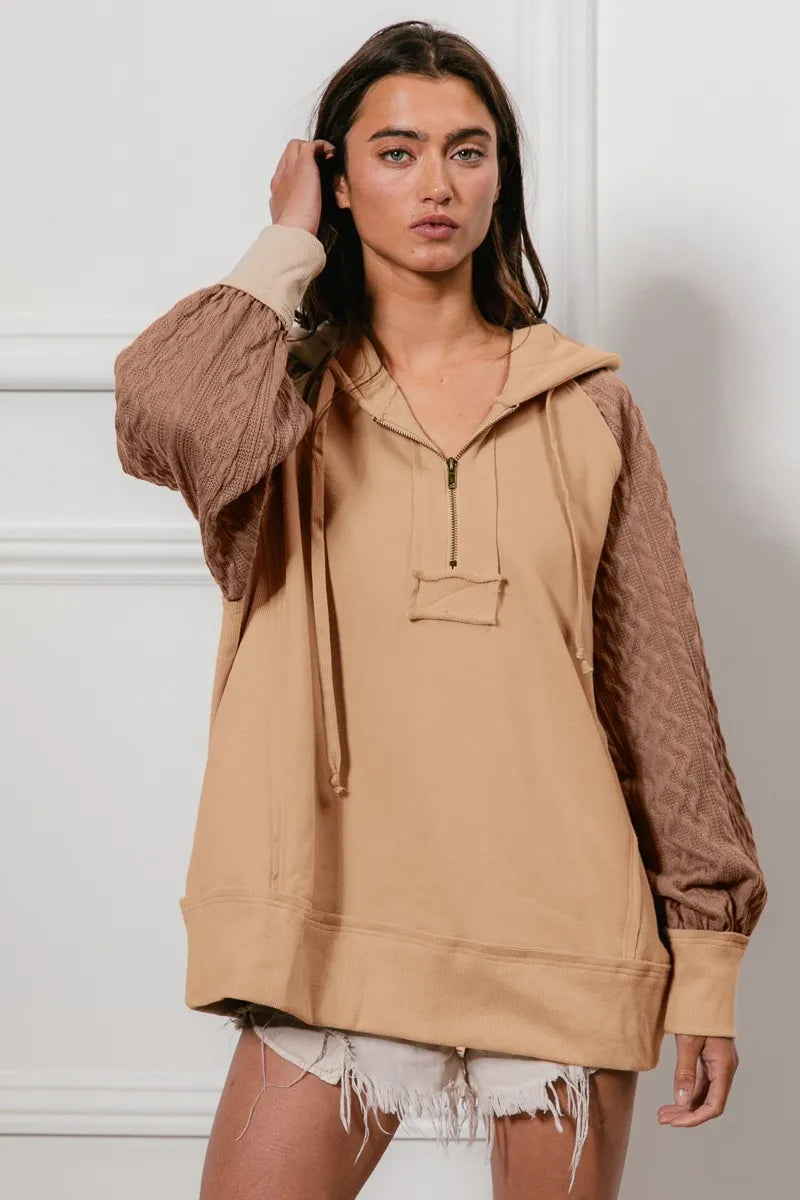 Half Zip French Terry Hoodie with Kint Sleeves