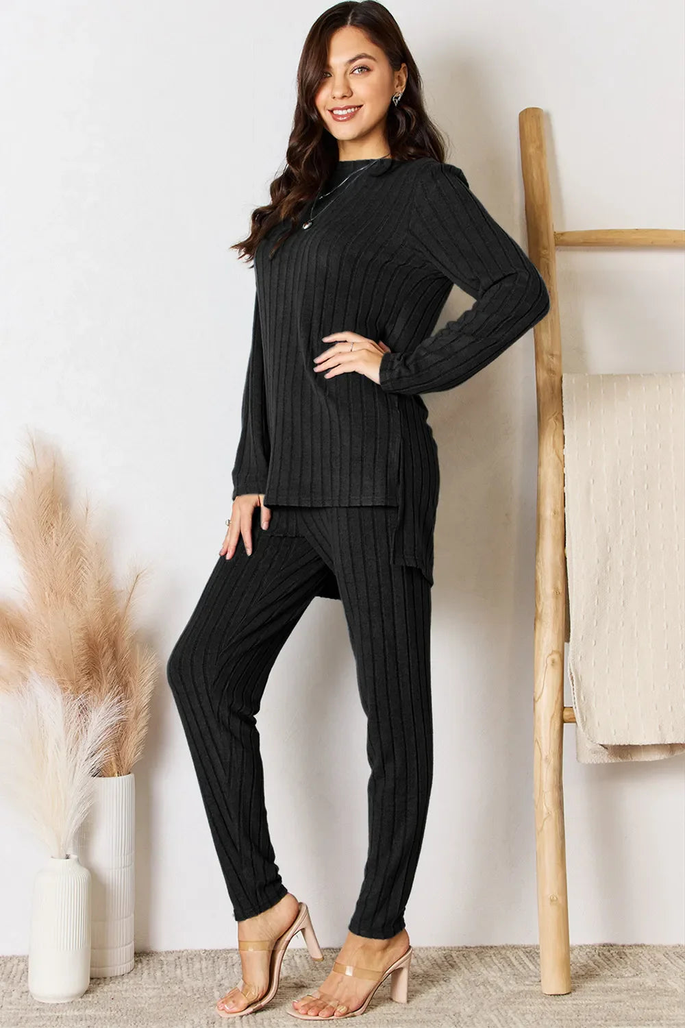 I am a Fashion Junky Full Size Ribbed Round Neck High-Low Slit Top and Pants Set