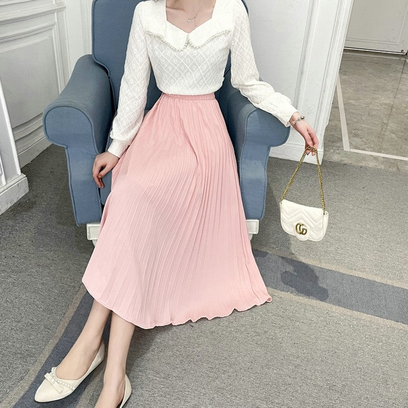 Solid Color Elastic Waist A-Line Pleated Skirts