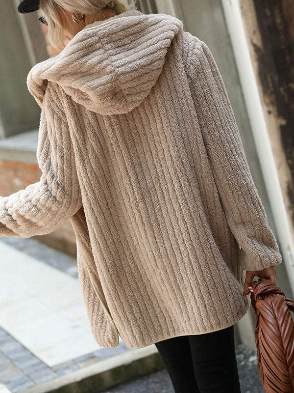 Simple Long Sleeves Loose Solid Color Zipper Plush Hooded Outerwear