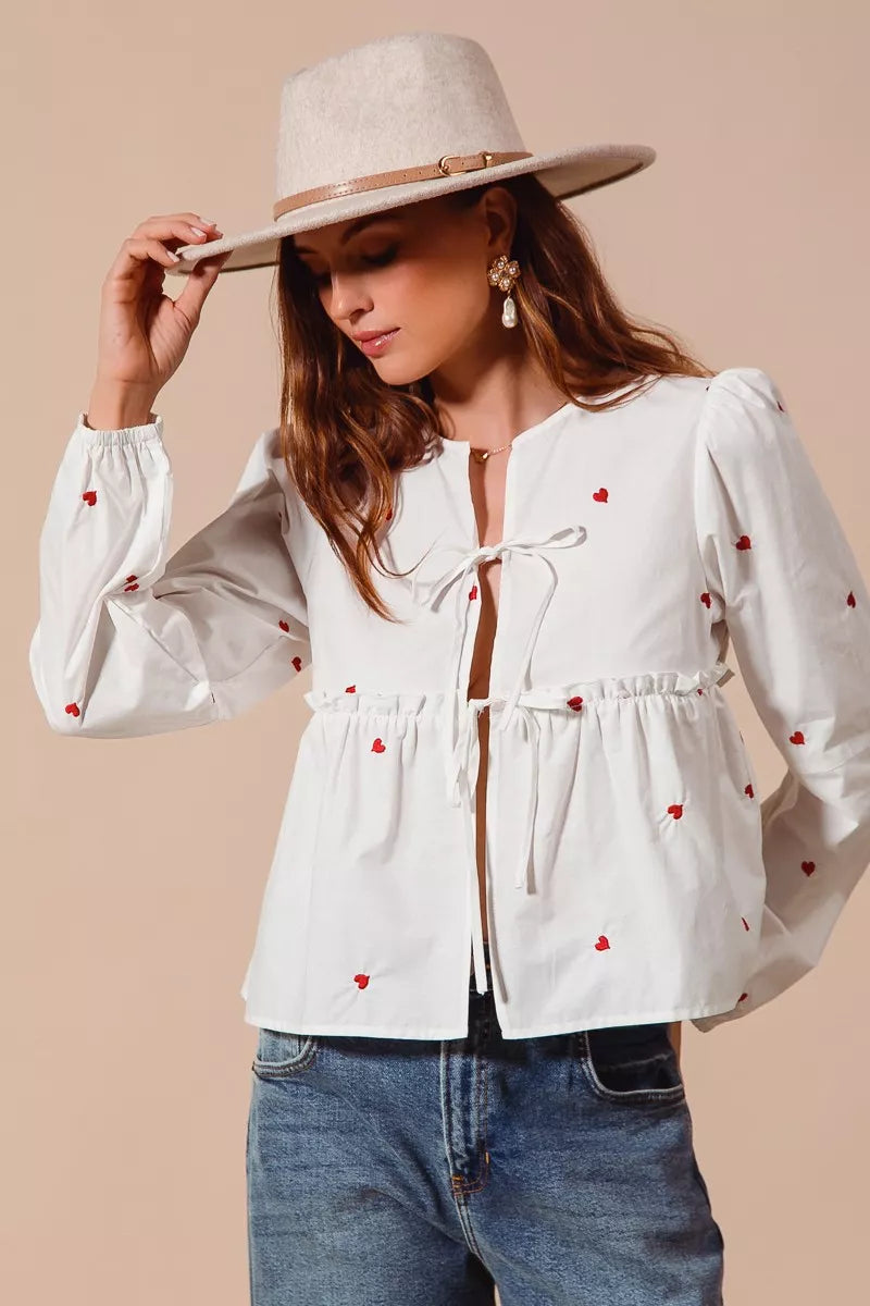 Front Tie Heart Embroidered Blouse With Puff Sleeve