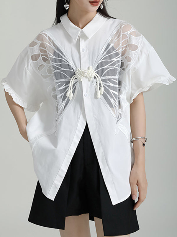 Half Sleeves Loose Buttoned Mesh Reversible See-Through Split-Back Split-Joint Lapel Blouses&Shirts Tops