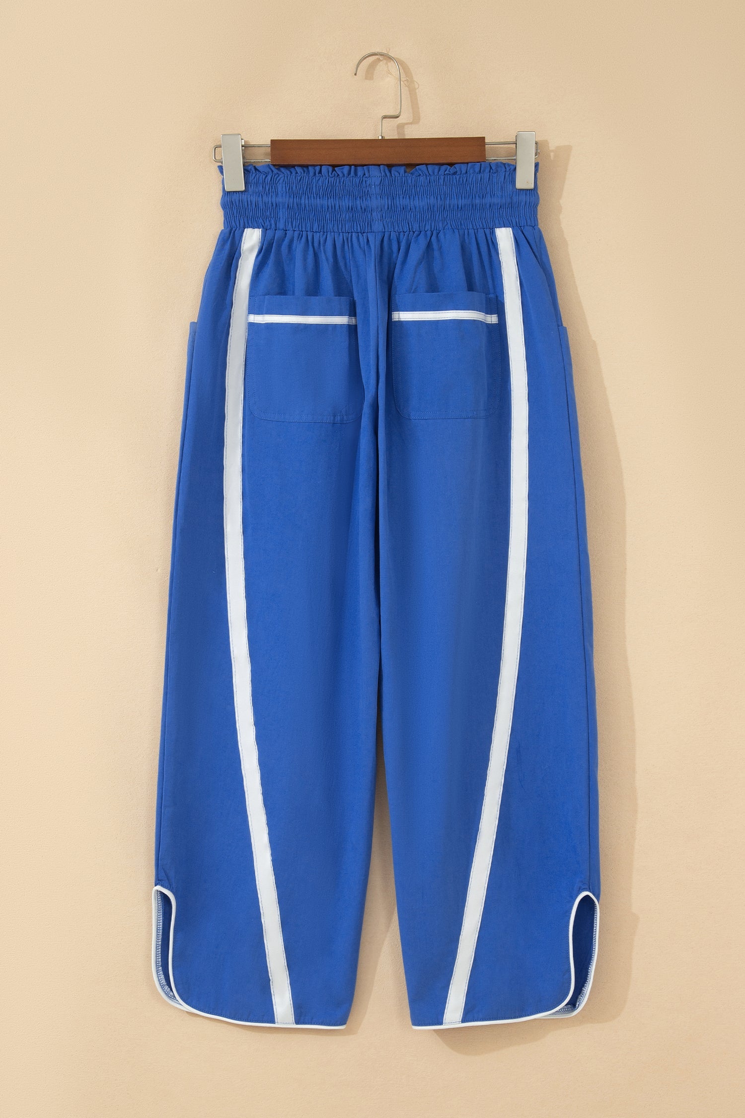 Dark Blue Contrast Striped Smocked Waist Drawstring Cropped Casual Pants