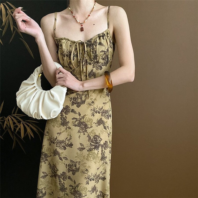 Floral Ink Print Strappy Waist-Tie Cami Dress