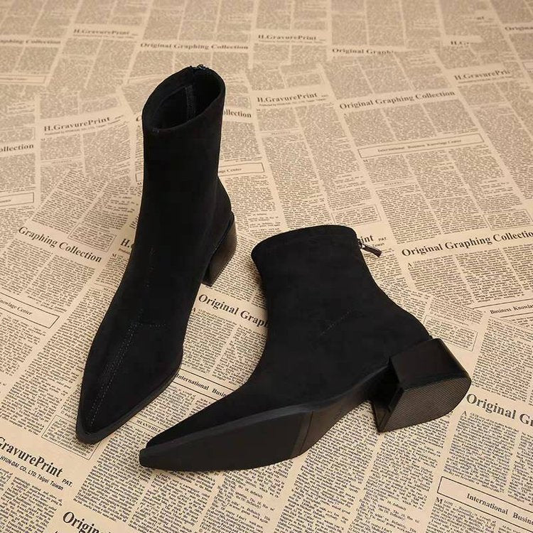 Women's Pointed-Toe Chunky Heel Boots | Back Zipper | Leopard Print, Black, Yellow, Brown