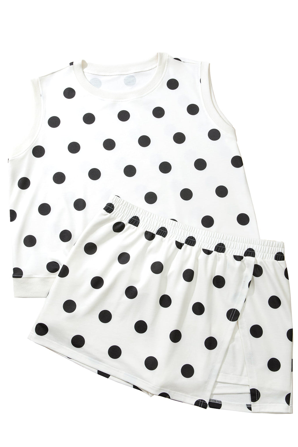 White Plus Size Polka Dot Printed Tank Split Skort 2pcs Outfit