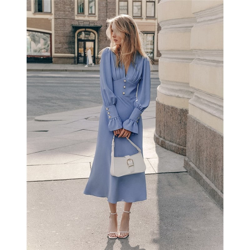 Vibrant V-Neck Midi Dress with Lantern Sleeves and High Waist