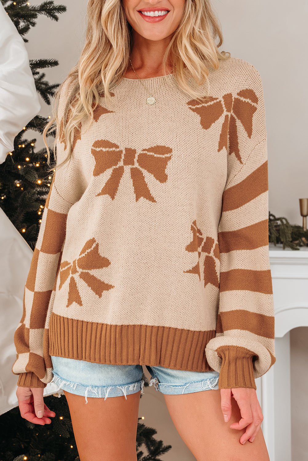 Straw Yellow Ribbon Bow Print Checkered Striped Sleeve Drop Shoulder Sweater