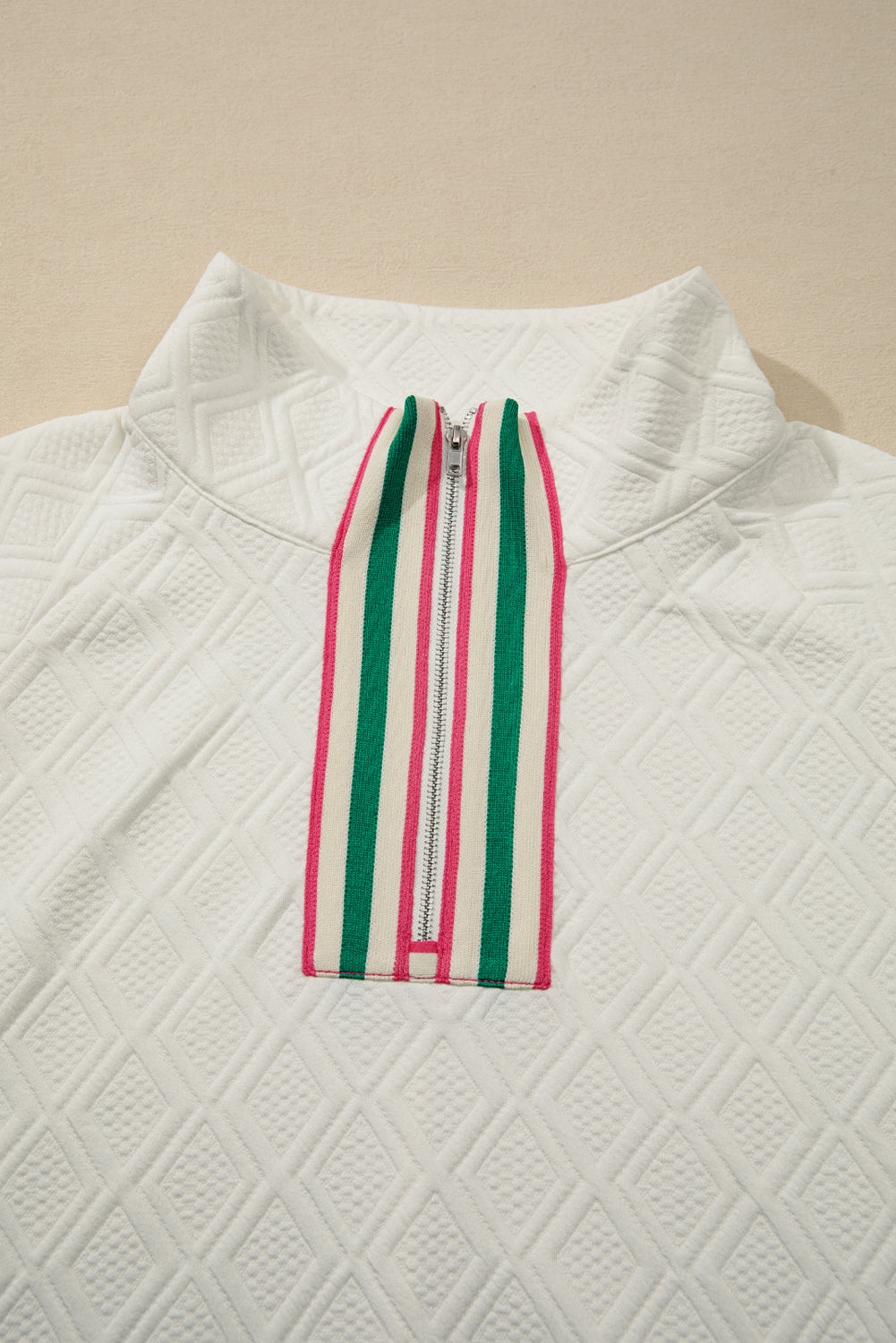 Beige Plus Size Rhombus Texture Contrast Striped Collar Baggy Sweatshirt