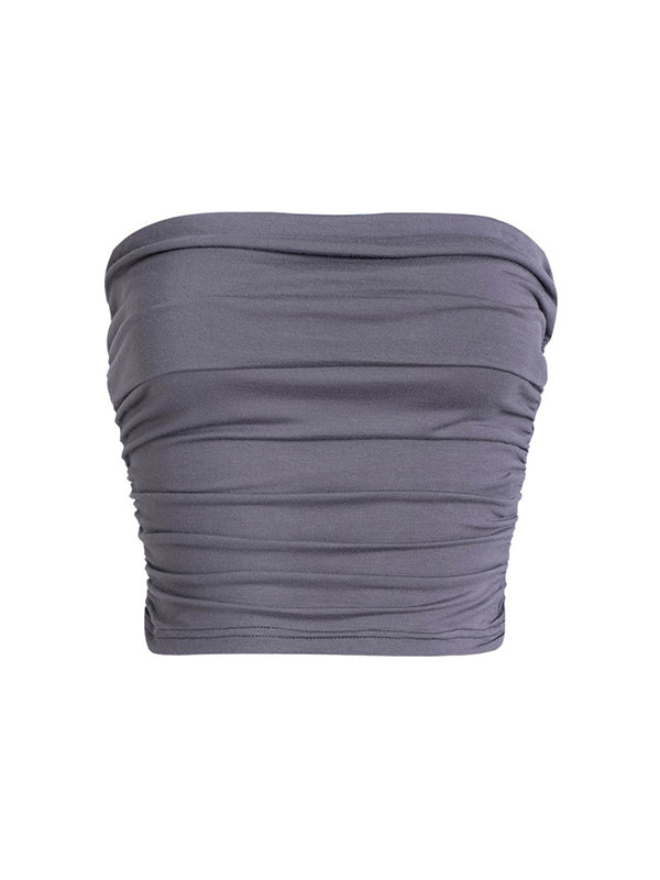 Skinny Sleeveless Pleated Solid Color Tube Vest Top
