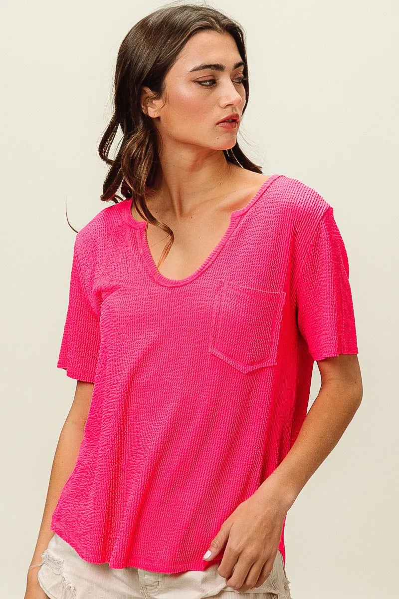 Waved Rib U Neck Top With Front Pocket