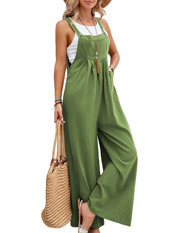 Loose Plus Size Pleated Split-Joint Spaghetti-Neck Overalls