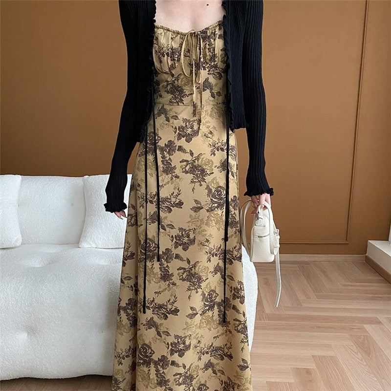 Floral Ink Print Strappy Waist-Tie Cami Dress